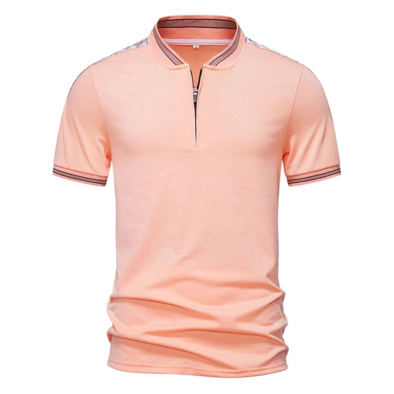 Mens Tipped Pique Short Sleeve Shirt Band Neck Zipper Shirts Casual Knit Short Sleeve Classic s