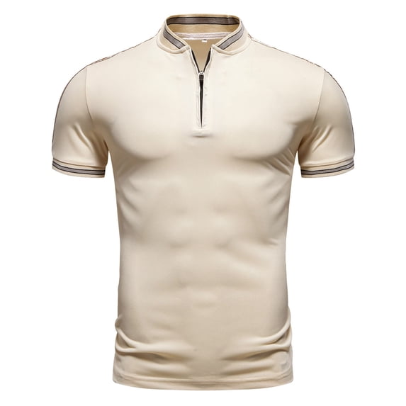 Mens Tipped Pique Short Sleeve Shirt Band Neck Zipper Shirts Casual Knit Short Sleeve Classic s