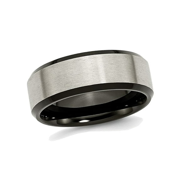 Mens Titanium 8mm Brushed Wedding Band Ring with Black Plated Beveled Edge