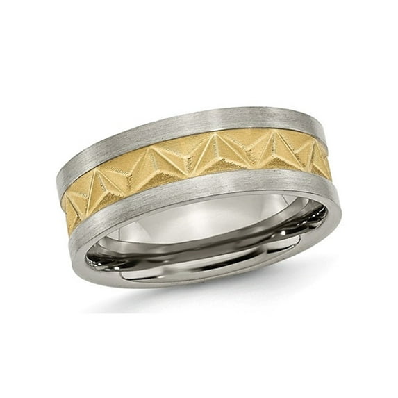 Mens Titanium 8mm Brushed Wedding Band Ring with Yellow Plating