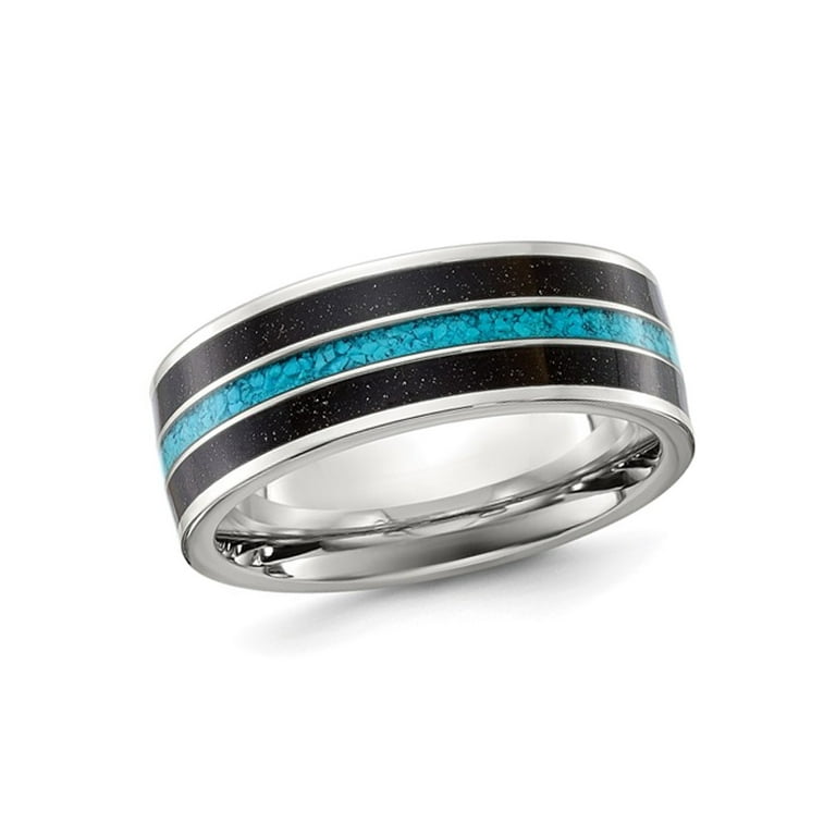Titanium Turquoise and Black Star Sandstone Inlay 8mm Band Titanium Turquoise and Black Star Sandstone Inlay 8mm Band