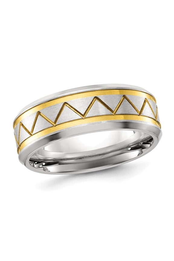 Gem & Harmony Mens Titanium Brushed Yellow Plated ZigZag Band Ring (8mm) for Men