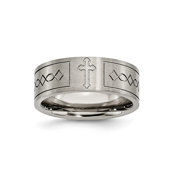Mens Titanium Christian Ring with Cross and Fish Symbol, Brushed and Polished Finish, Faith Band, Religious Jewelry, Spiritual Devotion Style