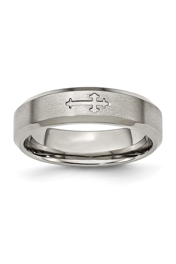 Titanium Cross Wedding Band Ring, 6mm Brushed Satin Beveled Edge for Men