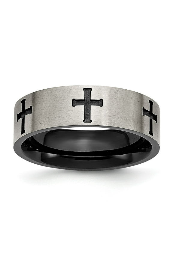 Mens Titanium Cross Ring with Brushed Silver Finish, Black Inner Band, Christian Symbol, Religious Jewelry, Rugged Faith Band, Modern Style for Men, Spiritual Accessory