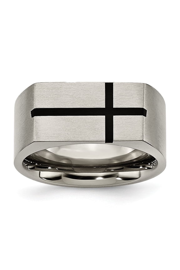 Mens Titanium Ring Matte Brushed Wide Band with Black Cross Modern Spiritual Design Bold Minimalist Style Contemporary Statement Metal Fashion Accessory Durable Sleek Symbolic Jewelry