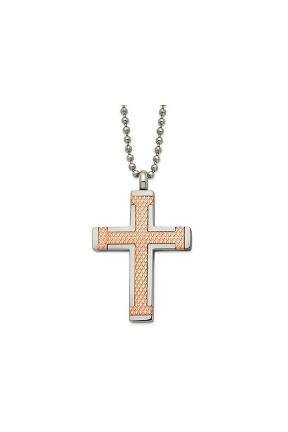 Mens Titanium Rose Plated Cross Pendant Necklace with Chain (22 inches) for Men