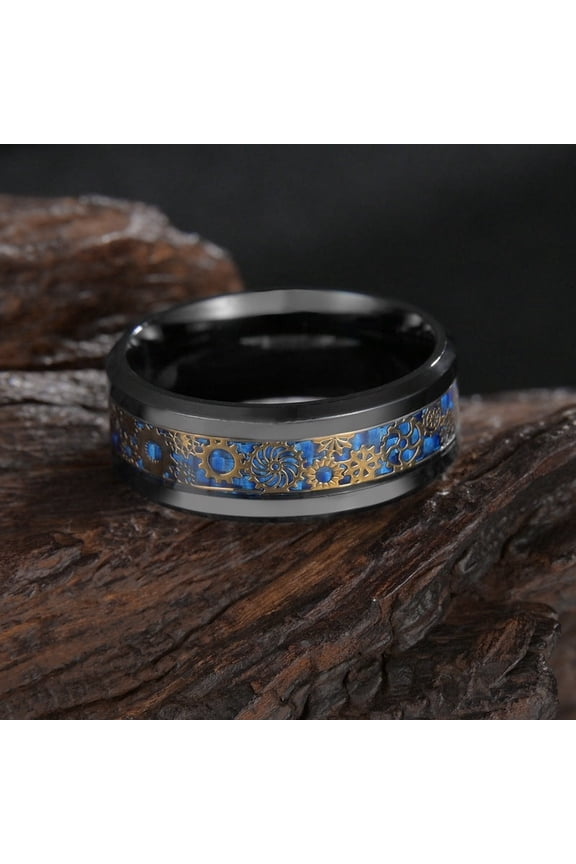 Mens Titanium Steel Gear Ring With Carbon Fiber Inlay