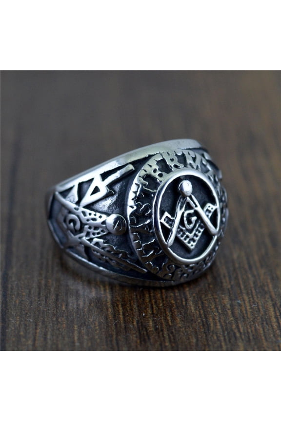 Mens Titanium Steel Masonic Totem Ring Hip Hop Style Jewelry Geometric Letter Pattern Gift Trendy Gift For Him