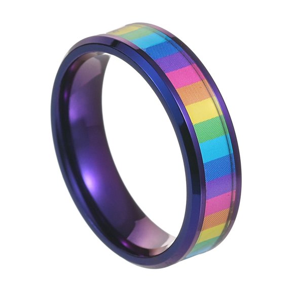 Mens Titanium Steel Rainbow Ring Geometric Electroplated Band Jewelry Silver Purple Finish 6mm Width Gift Ready