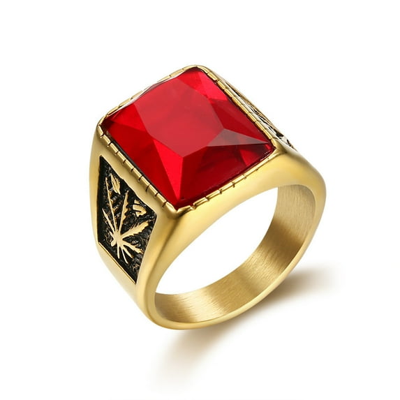Mens Titanium Steel Ring Maple Leaf Design Black Ruby Gemstone Electroplated Geometric Statement Jewelry For Men