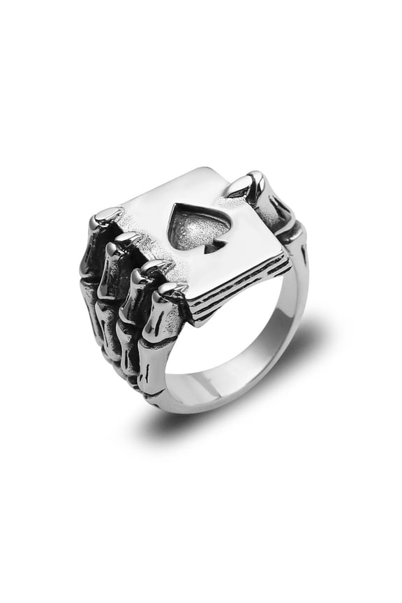 Mens Titanium Steel Ring Spades Poker Design Bold Statement Electroplated Silver Tone Durable Fashion Accessory