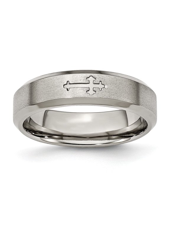 Titanium Cross Wedding Band Ring, 6mm Beveled Satin Finish for Men
