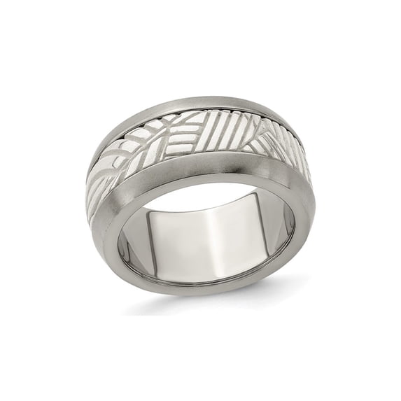 Mens Titanium and Sterling Silver 11mm Pattern Leaf Inlay Band Ring for Men