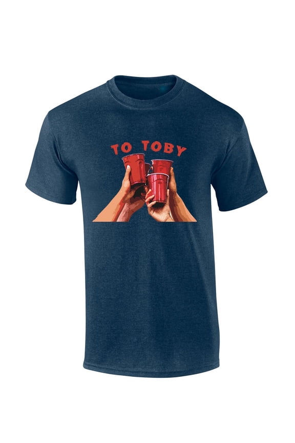 Mens Toby Tshirt R.I.P Toby Cheers to Toby Red Solo Cups Short Sleeve T-shirt-Heather Navy-large