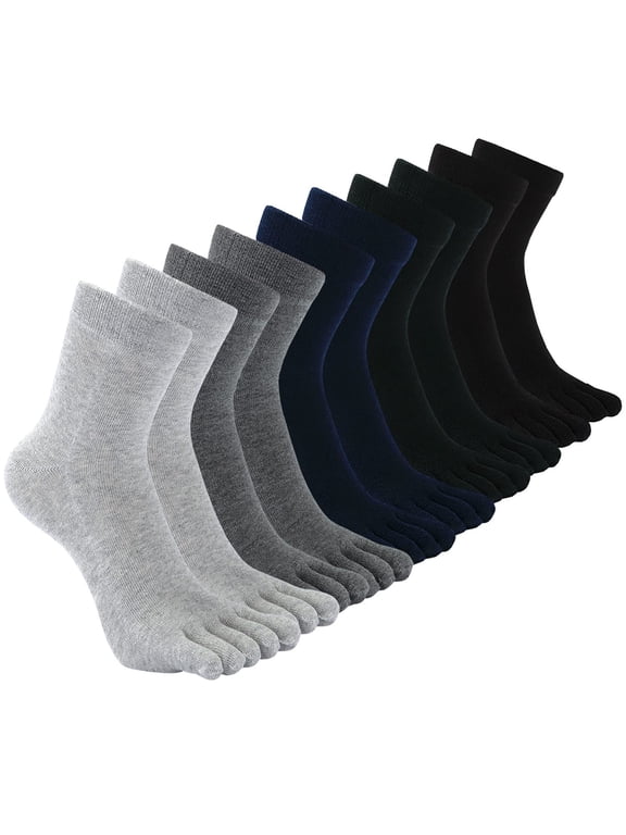 Mens Toe Socks Cotton Athletic Running Five Finger Crew Socks, 5 Pairs