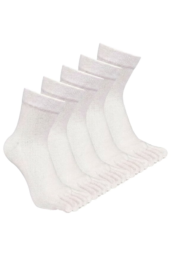 5 Pairs White Men's Cotton Toe Socks, Breathable Crew Five Finger Athletic Socks
