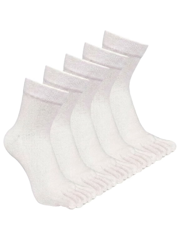 White Cotton Socks, Breathable Crew Five Finger Athletic (5 Pack)