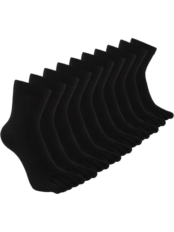 5 Pack Men Black Cotton Five-Toe Crew Socks, Moisture Wicking Athletic Running Socks