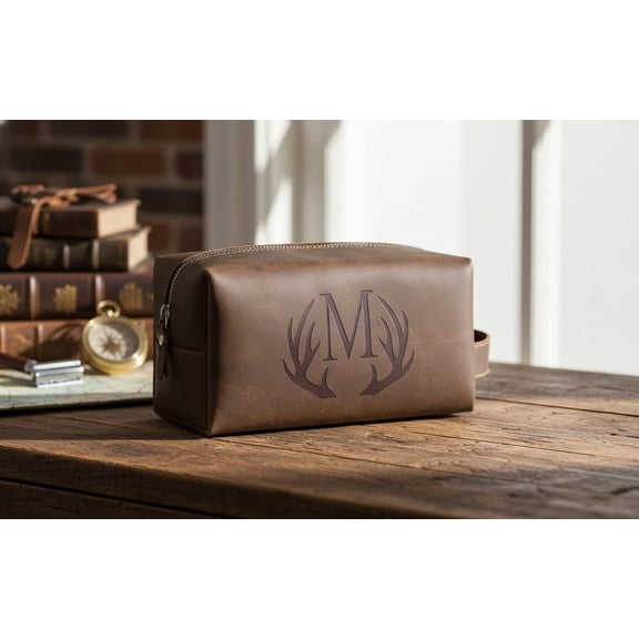 Mens Toiletry Bag Personalized Easter Fathers Day Birthday Gifts for Men Him Initial PU Leather Waterproof Shaving Bag for Toiletries Accessories Travel Essential for Dad Husband Boyfriend (M)