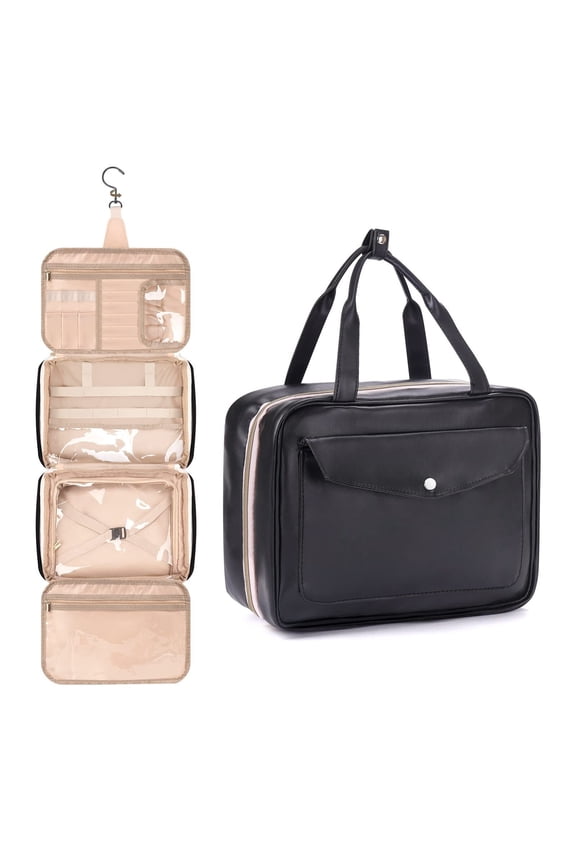 Mens Toiletry Travel Bag,Hanging Travel Toiletry Bag for Men,Large Makeup Bag for Women,Water-resistant PU Leather Dopp Kit For Full Sized Toiletries,Cosmetics Travel Organizer for Accessories