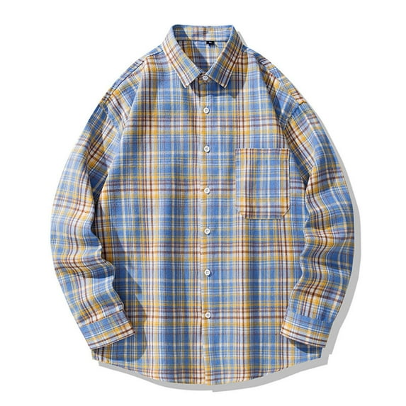 Mens Tops Button Down Flannel Shirts Long Sleeve Plaid Shackets Business Casual Blouse Top Dark Blue 2XL