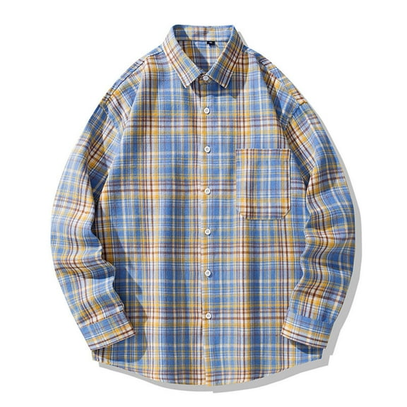 Mens Tops Button Down Flannel Shirts Long Sleeve Plaid Shackets Business Casual Blouse Top Dark Blue 4XL