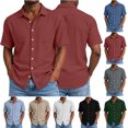 thumbnail image 1 of Men Linen Shirts Short Sleeve Stand Collar Button Summer Blouse Tops, 1 of 9