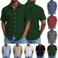 thumbnail image 1 of Men Linen Shirts Short Sleeve Stand Collar Button Summer Blouse Tops, 1 of 8