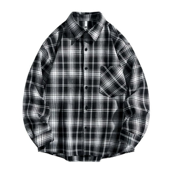 Mens Tops Long Sleeve Flannel Shirt Button Down Blouse Regular Fit Casual Light Plaid Shirts Black XL