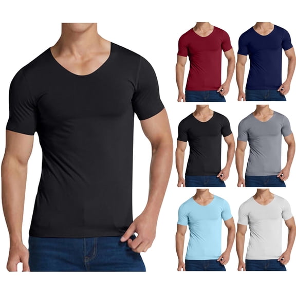 Mens Tops Men's Solid Color V-Neck Short-Sleeved Pullover T-Shirt Fitness and Outdoor Seamless Stretch Tight Black M
