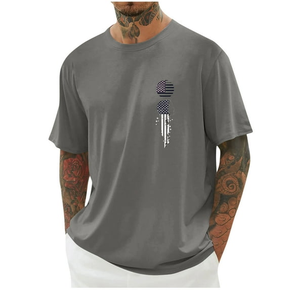 Mens Tops Plus Size Short Sleeve Round-Neck Independence Day Print Casual Shirts Dark Gray XL