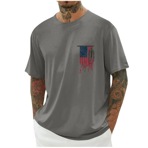 Mens Tops Plus Size Short Sleeve Round-Neck Independence Day Print Casual Shirts Dark Gray XXXXL