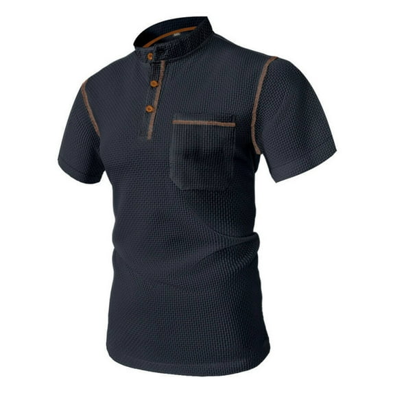 Mens Tops Plus Size Short Sleeved Button Pocket Stand Up Collar Summer Casual Solid Color Shirt Dark Gray S