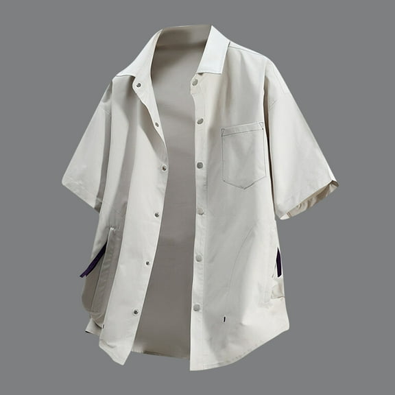 Mens Tops Plus Size Short Sleeved Lapel Button Pocket Casual Solid Color Summer Shirt Gray S