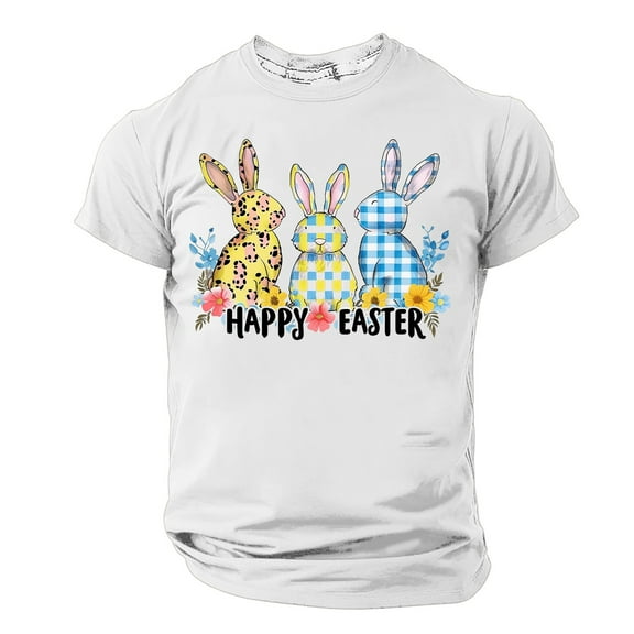 Mens Tops Plus Size under $5 Short Sleeve Round Neck Easter Eggs Rabbit Print Shirt White XXL