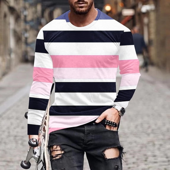 Mens Tops,Shirts for Men Long Sleeve Pullover Stripe Printed Casual Round Neck T-Shirt Blouse Pink S