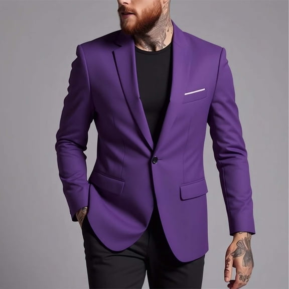 Mens Tops,Shirts for Men Long Sleeves Lapel Pocket Button Solid Color Casual Suit Coat Purple S