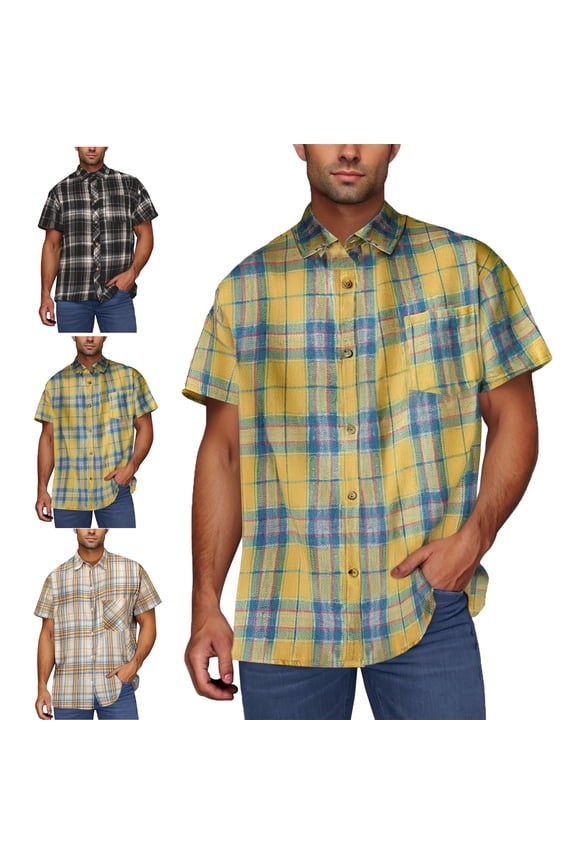 Mens Tops Short Sleeve Button Down Shirts Plaid Men's Casual Button Down Shirts with Pocket