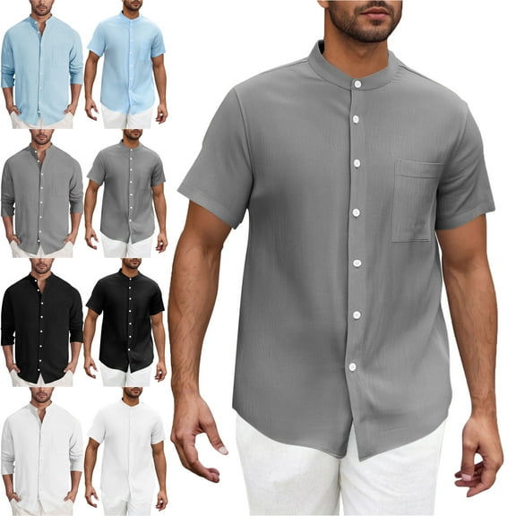 Mens Tops Short Sleeved Lapel Shirts Gray 4 Shirts Solid Color Casual Button Cardigan Pocket Fashionable Blouse Summer Shirts for Men Work Cafe Cocktail Party Formal Shirts