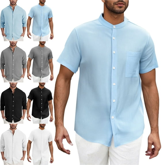 Mens Tops Short Sleeved Lapel Shirts Sky Blue 4 Shirts Solid Color Casual Button Cardigan Pocket Fashionable Blouse Summer Shirts for Men Work Cafe Cocktail Party Formal Shirts