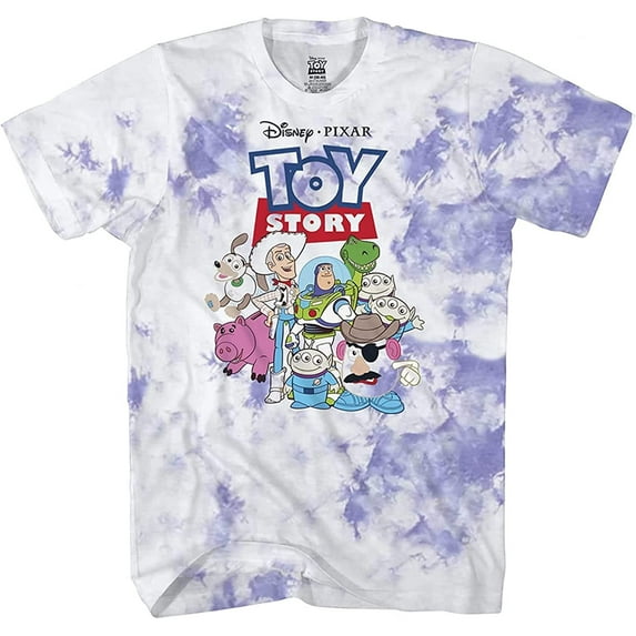 Mens Toy Story Group Shirt - Woody, Buzz Lightyear, Rex & Pizza Planet - Throwback Classic Tie Dye T-Shirt Lavender Wash, Medium