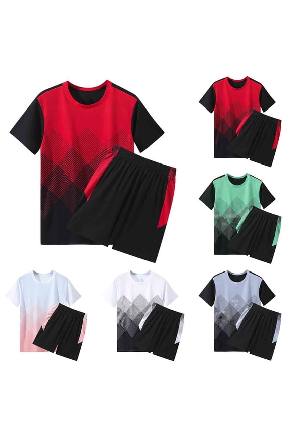 Mens Track Suit Crew Neck Short Sleeve Shirts Short Pants Men Printed Sports Elastic Waisted Drawstring Shorts Lightweight T-shirt Sets