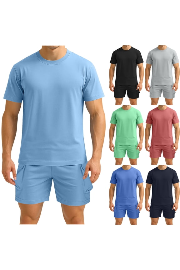 Mens Track Suit Crew Neck Short Sleeve T-Shirts Shorts Sets Men Fashion Casual Solid Color Outdoor Sport Suit Summer Vacation Outerwear