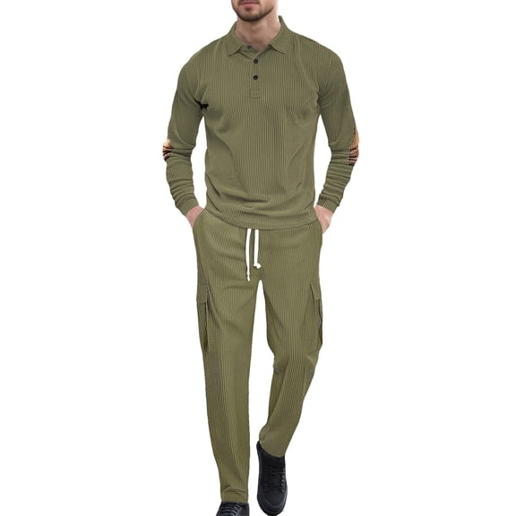 Mens Track Suits 2 Piece Long Sleeve Sets Loose Fit Workwear Outfit 1/4 Button V Neck Pullover and Cargo Wide Leg Pants Outdoor Athletic Outfits (Green, XXL)