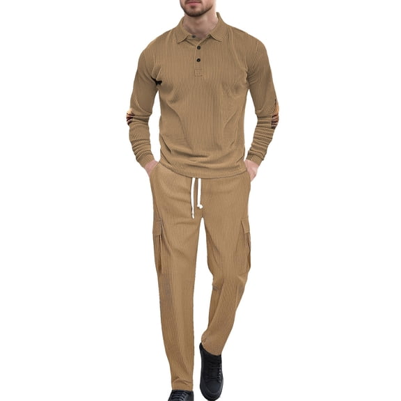 Mens Track Suits 2 Piece Long Sleeve Sets Loose Fit Workwear Outfit 1/4 Button V Neck Pullover and Cargo Wide Leg Pants Outdoor Athletic Outfits (Khaki, XXXL)