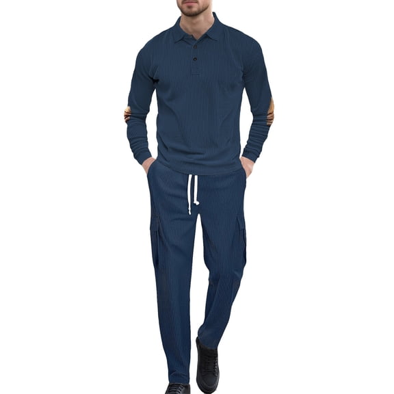 Mens Track Suits 2 Piece Long Sleeve Sets Loose Fit Workwear Outfit 1/4 Button V Neck Pullover and Cargo Wide Leg Pants Outdoor Athletic Outfits (Navy, S)