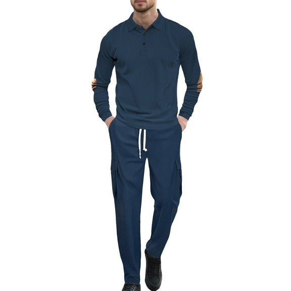 Mens Track Suits 2 Piece Long Sleeve Sets Loose Fit Workwear Outfit 1/4 Button V Neck Pullover and Cargo Wide Leg Pants Outdoor Athletic Outfits (Navy, XL)