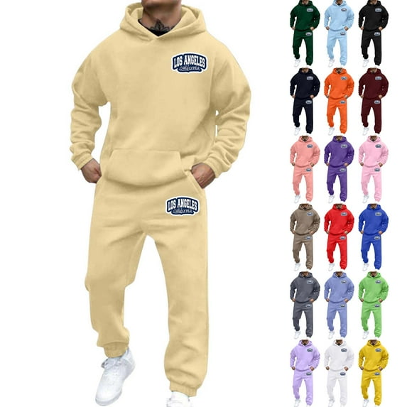 Mens Track Suits 2 Piece Set Casual Jogging Gym Hoodie Suits Casual Letter Printed Hoodie Set Fall Winter Clothes, Beige, Size M