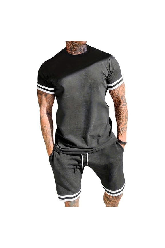 Mens Track Suits 2 Piece Set Casual Striped Cuff Crew Neck Short Sleeve T-Shirt And Drawstring Waist Shorts Two-Piece Tracksuit 2XL Blue